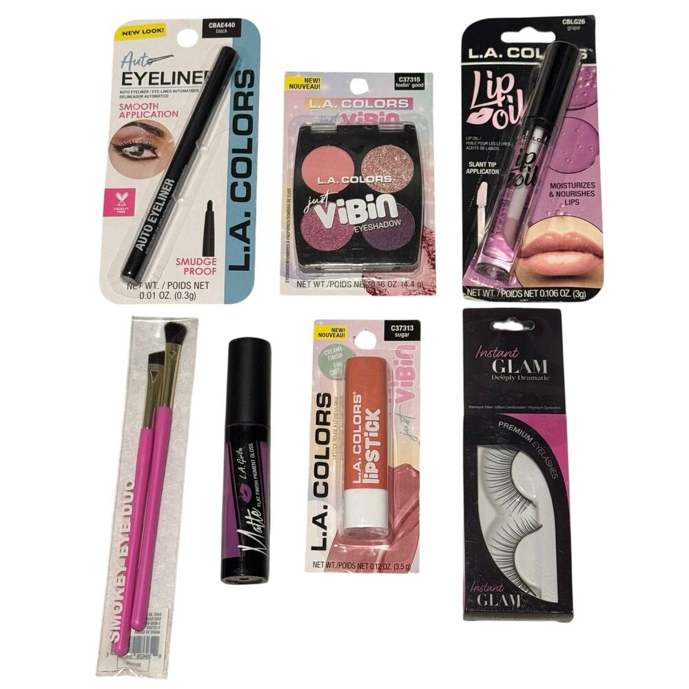 NEW LA Colors Makeup Lot Of 7 - Eyeshadow, Lipstick/Gloss/Oil Lashes & Brush Duo